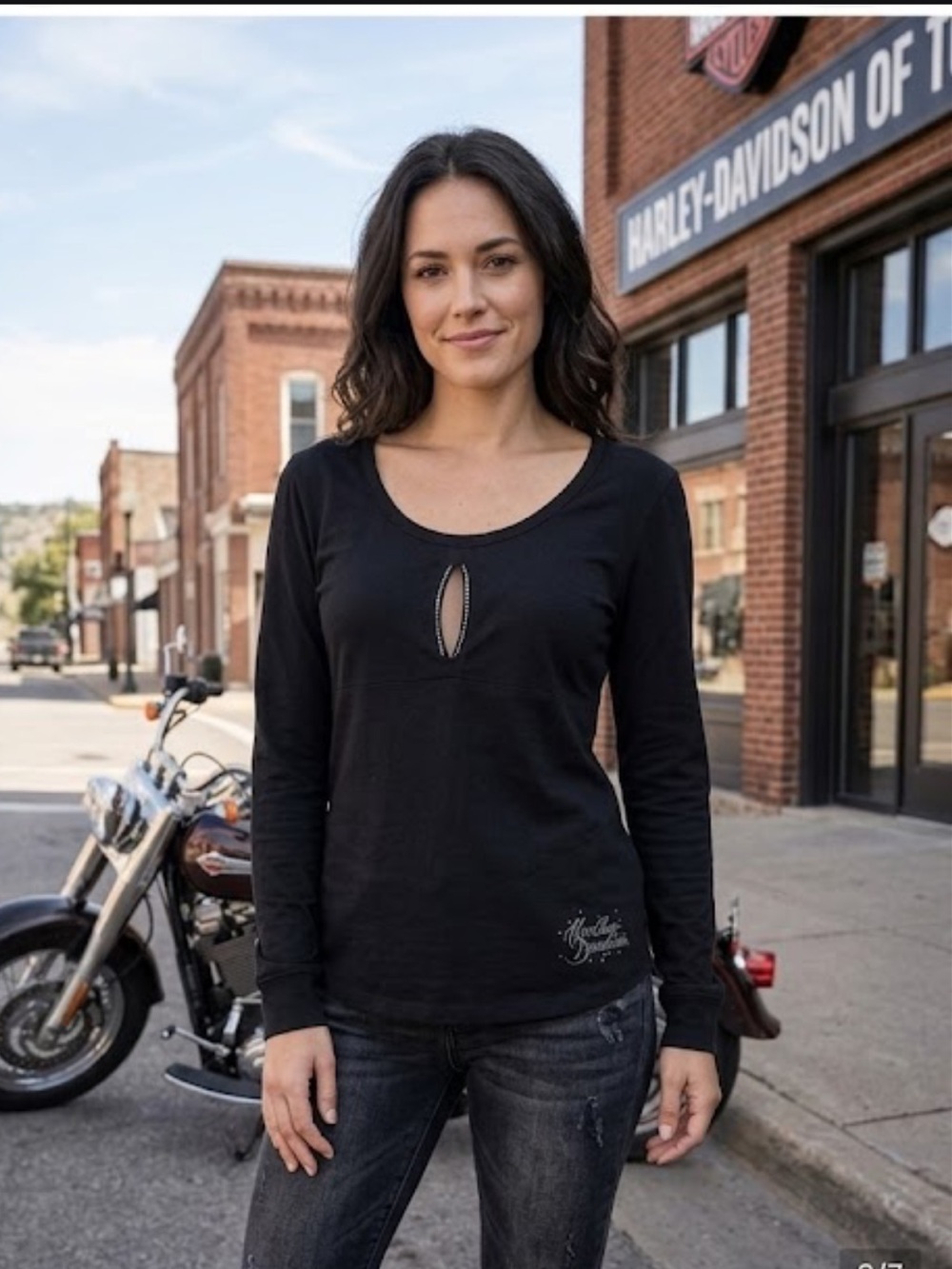 Harley-Davidson Black Long Sleeve Scoop Neck Top with Front Keyhole